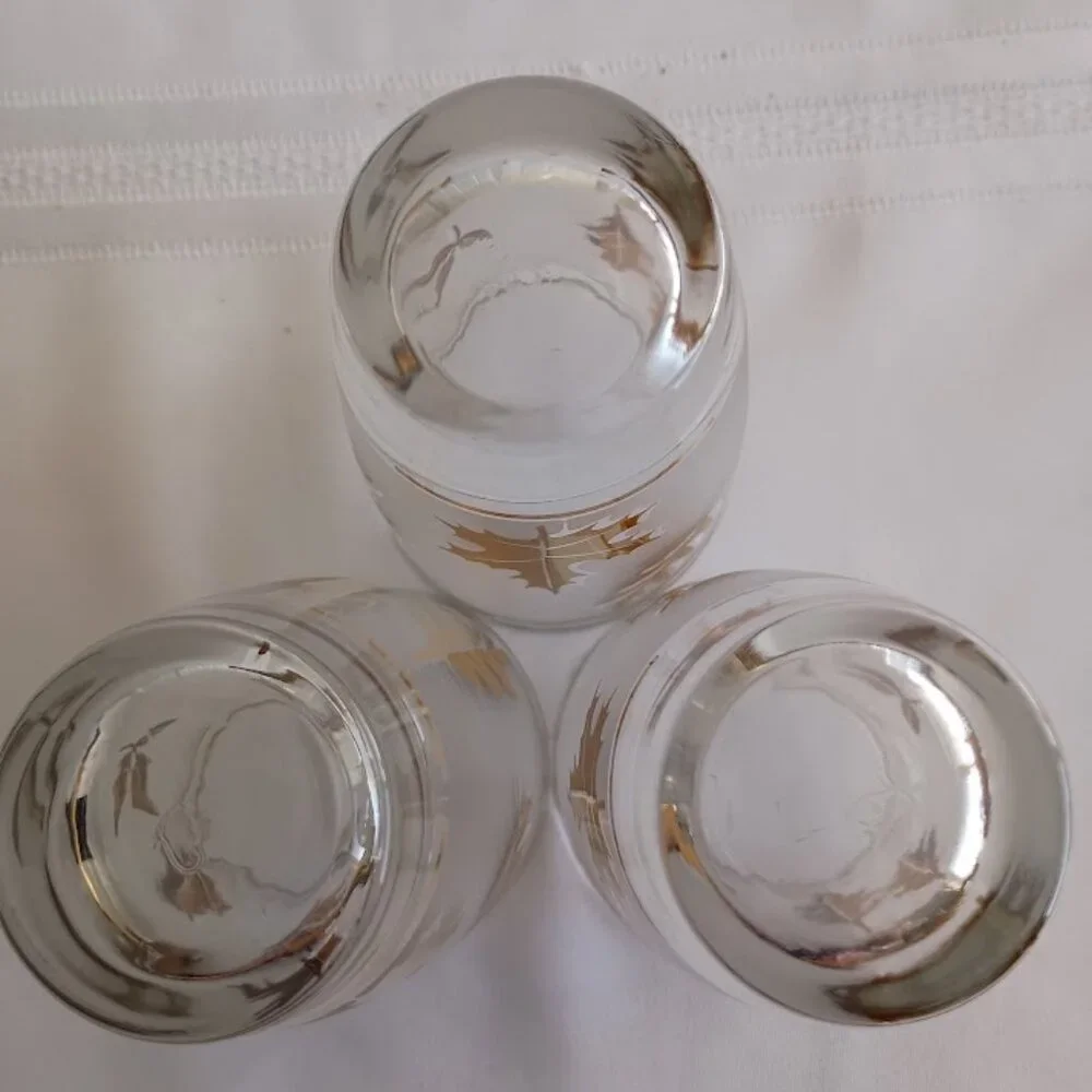 Vintage Frosted Glasses with Gold Leaf Design, set of Three (3)
